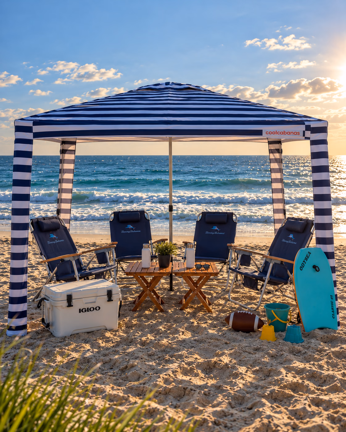 Luxury beach event setup at sunset